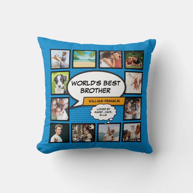 Worlds Best Brother Photo Collage Blue Fun Comic Throw Pillow (Front)