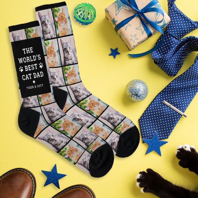Worlds Best Cat Dad 2 Photo Collage Socks (Creator Uploaded)