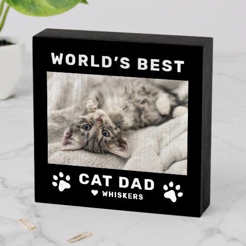 Worlds Best Cat Dad Black Square Custom Photo Wooden Box Sign