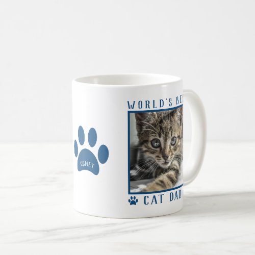 World's Best Cat Dad Blue Paw Print Name Pet Photo Coffee Mug