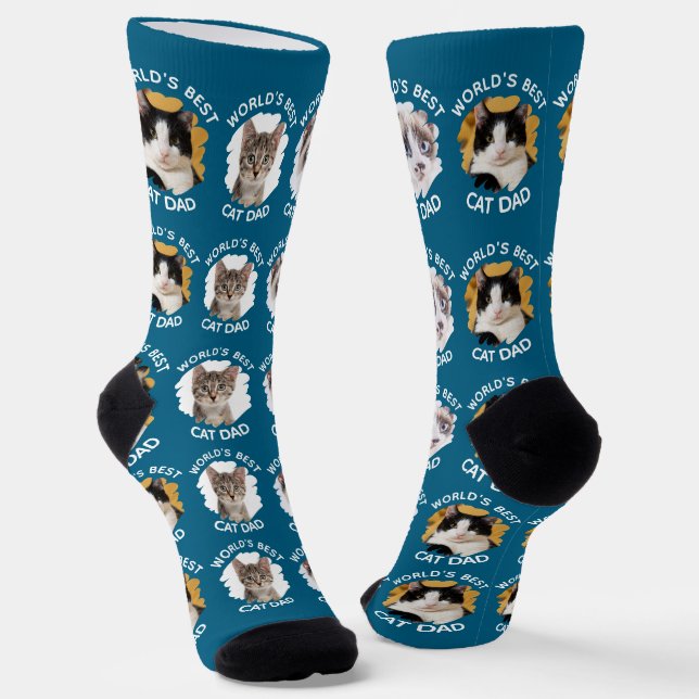 World's Best Cat Dad – Custom 3 Cat Photos Blue Socks (Angled)