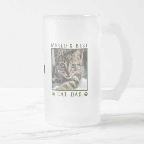 Worlds Best Cat Dad Green Paw Prints Name Photo Frosted Glass Beer Mug
