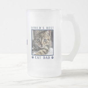 World's Best Cat Dad Navy Paw Prints Name Photo Frosted Glass Beer Mug