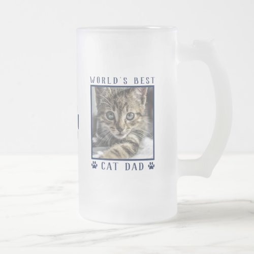 Worlds Best Cat Dad Navy Paw Prints Name Photo Frosted Glass Beer Mug