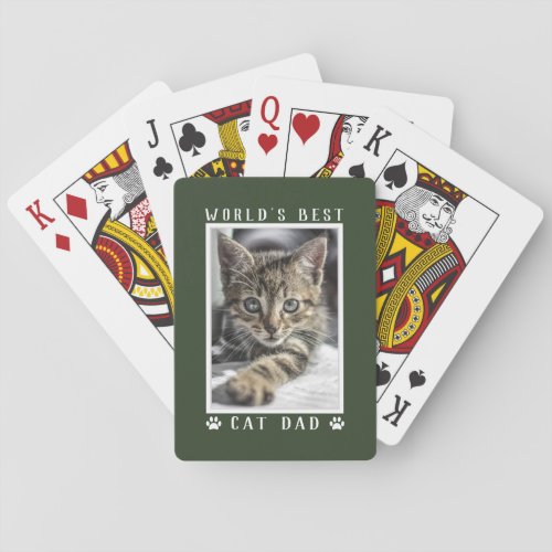 Worlds Best Cat Dad Paw Prints Custom Photo Green Playing Cards