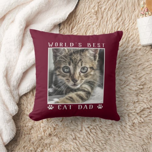 Worlds Best Cat Dad Paw Prints Pet Photo Burgundy Throw Pillow