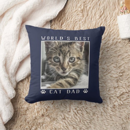 Worlds Best Cat Dad Paw Prints Pet Photo Navy Throw Pillow