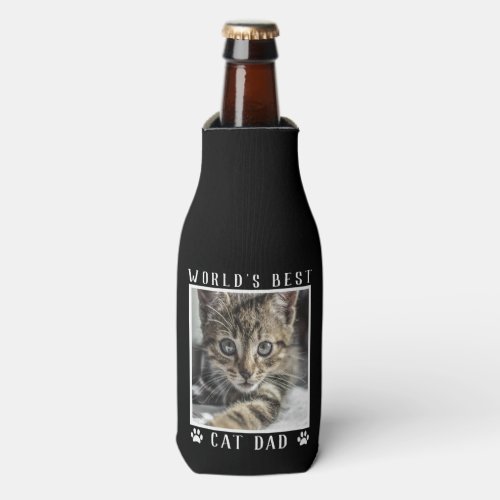 Worlds Best Cat Dad Paw Prints Pet Photo on Black Bottle Cooler