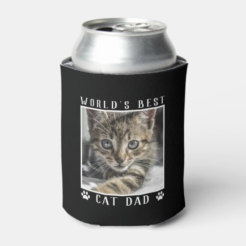 Worlds Best Cat Dad Paw Prints Pet Photo on Black Can Cooler