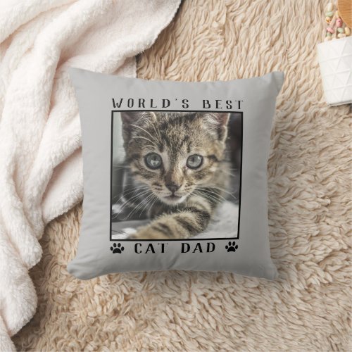 Worlds Best Cat Dad Paw Prints Pet Photo on Gray Throw Pillow