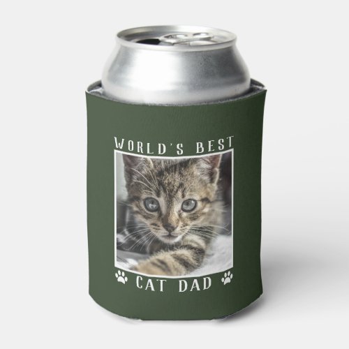 Worlds Best Cat Dad Paw Prints Pet Photo on Green Can Cooler