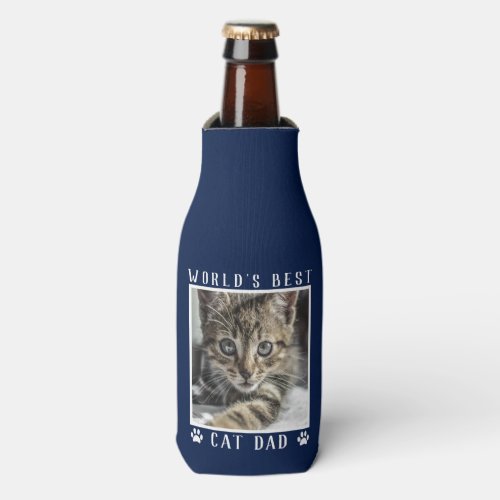 Worlds Best Cat Dad Paw Prints Pet Photo on Navy Bottle Cooler