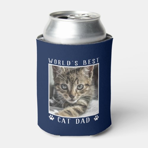 Worlds Best Cat Dad Paw Prints Pet Photo on Navy Can Cooler