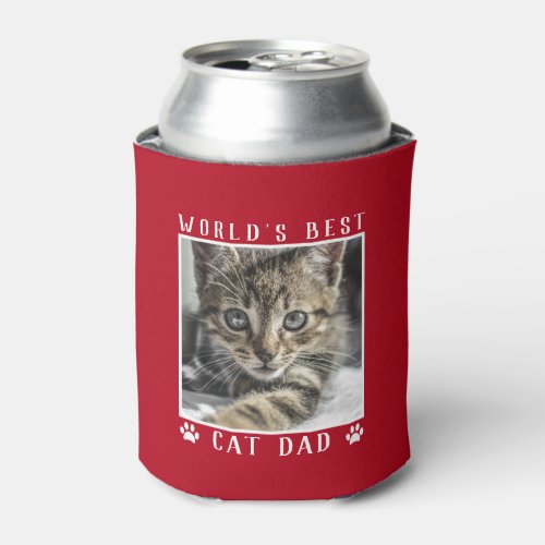 Worlds Best Cat Dad Paw Prints Pet Photo Red Can Cooler