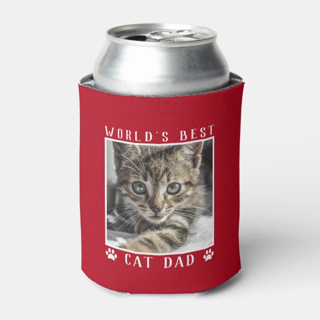 World's Best Cat Dad Paw Prints Pet Photo Red Can Cooler (Can Front)