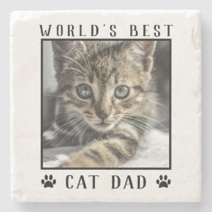 World's Best Cat Dad Paw Prints Pet Photo Stone Coaster