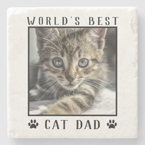 Worlds Best Cat Dad Paw Prints Pet Photo Stone Coaster