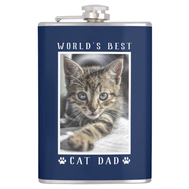 World's Best Cat Dad Paw Prints Photo Navy 8 oz Flask (Front)