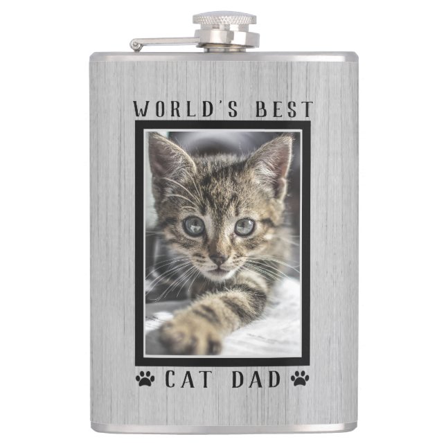 World's Best Cat Dad Paw Prints Photo Rustic Wood Flask (Front)