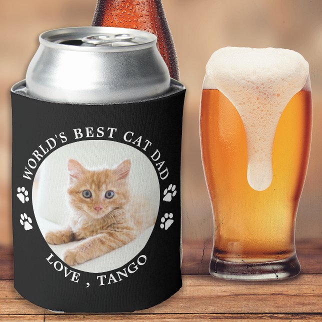 Worlds Best Cat Dad Personalized Cute Pet Photo Can Cooler (Creator Uploaded)