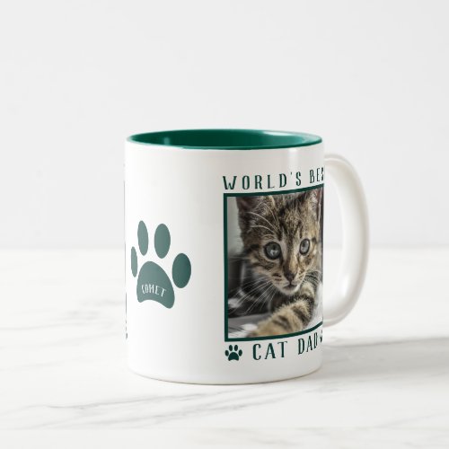 Worlds Best Cat Dad Photo Name Paw Prints Green Two_Tone Coffee Mug