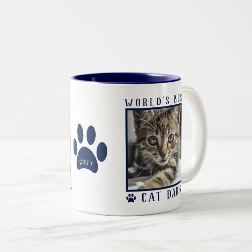 Worlds Best Cat Dad Photo Name Paw Prints Navy Two_Tone Coffee Mug
