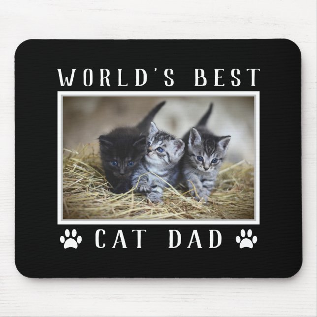 World's Best Cat Dad Photo Paw Prints Black Mouse Pad (Front)