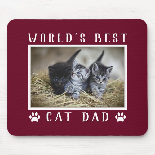 Worlds Best Cat Dad Photo Paw Prints Burgundy Mouse Pad