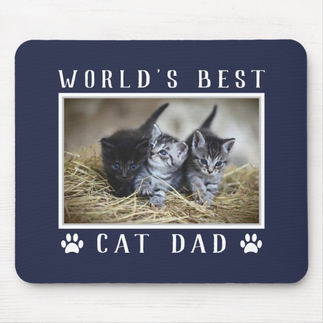 World's Best Cat Dad Photo Paw Prints Navy Blue Mouse Pad (Front)