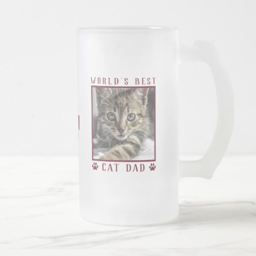 Worlds Best Cat Dad Red Paw Prints Pet Name Photo Frosted Glass Beer Mug