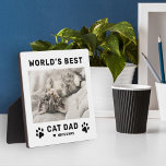 Worlds Best Cat Dad White Square Custom Photo Plaque<br><div class="desc">This simple and modern square custom photo plaque easel sign features a portrait-shaped photo space with custom "The World's Best Cat Dad" wording with name(s) of pet kitty cat(s) in modern black style with cute paw prints, heart accent, and personalization of the cat's name. Makes a great Father's Day gift...</div>