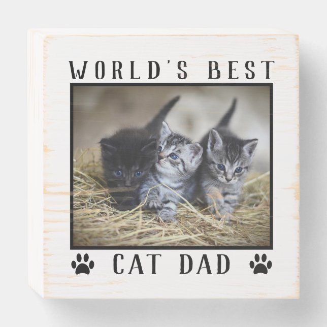 World's Best Cat Dad Your Cat's Photo Rustic Wooden Box Sign (Front Horizontal)