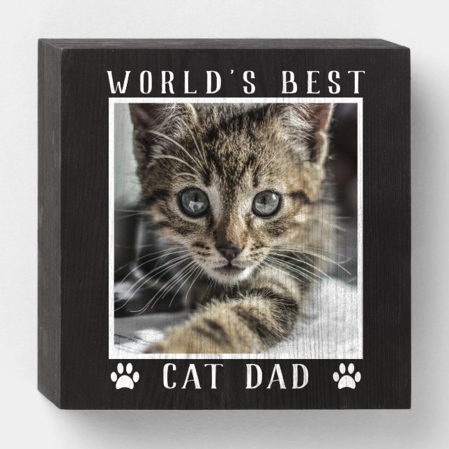 World's Best Cat Dad Your Pet's Photo Black White Wooden Box Sign (Front Horizontal)