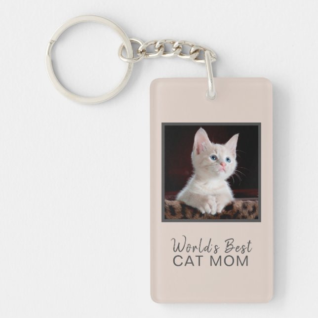 World's Best Cat Mom Cat Photo Blush Pink Gray Keychain (Front)