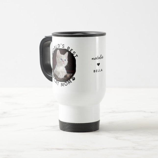 World's Best Cat Mom Custom Name Pet Photo Travel Mug (Front Left)