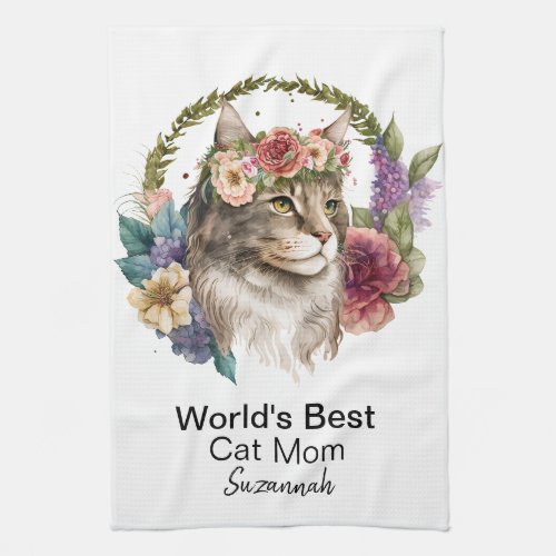 Worlds Best Cat Mom Custom Text Flowers Kitchen Towel
