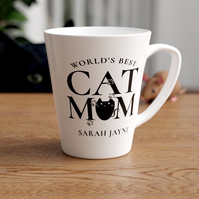 World's Best Cat Mom Cute Personalized Latte Mug (You're the world's best cat mom! Just add your name)