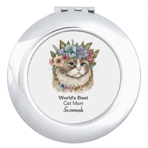 Worlds Best Cat Mom Floral Watercolor Monogram Compact Mirror