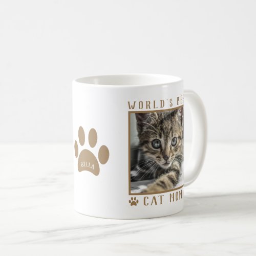 Worlds Best Cat Mom Paw Print Name Pet Photo Gold Coffee Mug