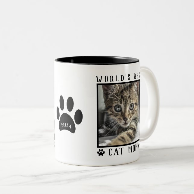 World's Best Cat Mom Paw Prints Name Pet Photo Two-Tone Coffee Mug (Front Right)