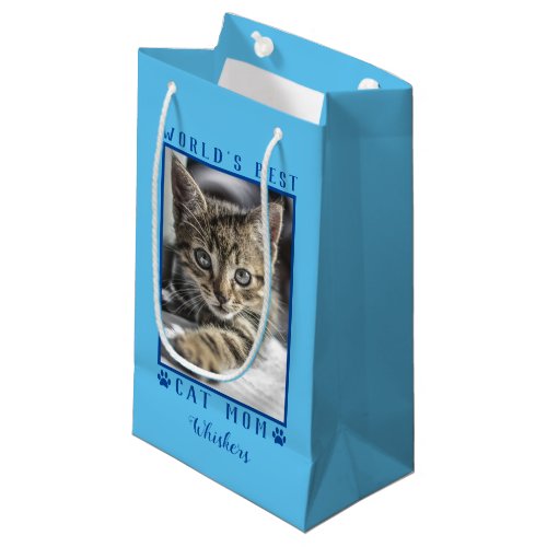 Worlds Best Cat Mom Paw Prints Pet Photo Blue Small Gift Bag