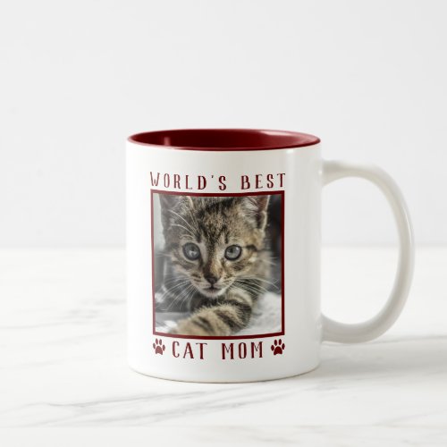 Worlds Best Cat Mom Paw Prints Pet Photo Burgundy Two_Tone Coffee Mug