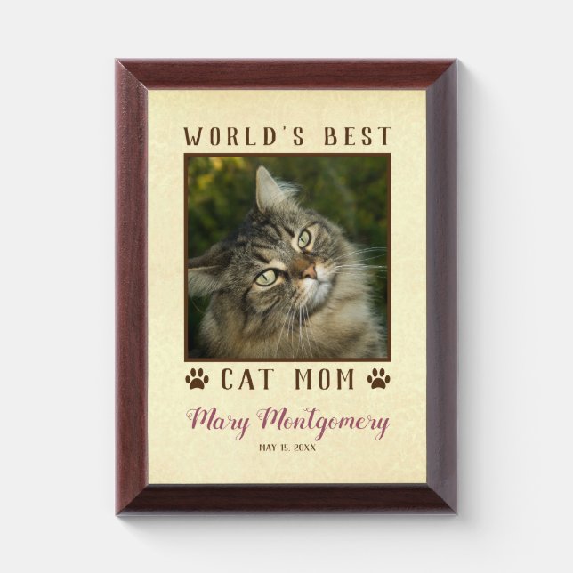 World's Best Cat Mom Paw Prints Pet Photo Frame Award Plaque (Vertical)