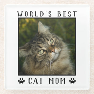 World's Best Cat Mom Paw Prints Pet Photo Frame Glass Coaster