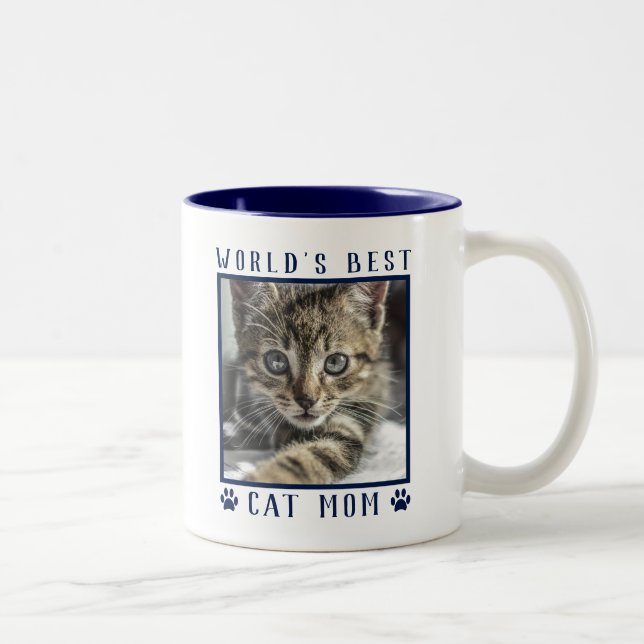 World's Best Cat Mom Paw Prints Pet Photo Navy Two-Tone Coffee Mug (Right)