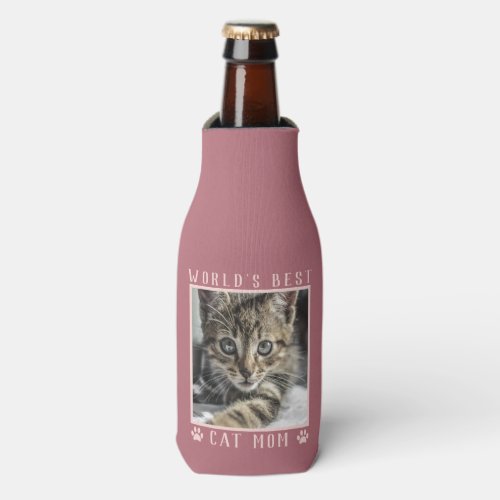 Worlds Best Cat Mom Paw Prints Pet Photo Pink Bottle Cooler