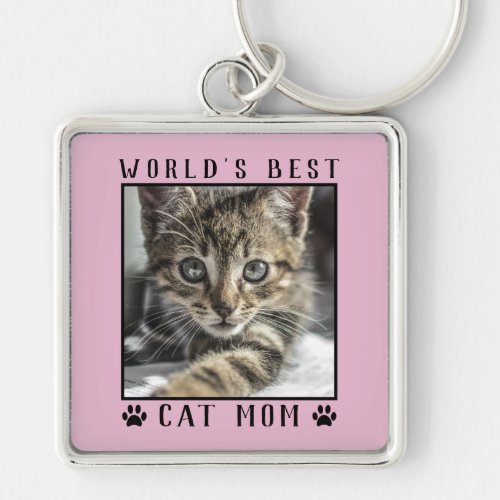 Worlds Best Cat Mom Paw Prints Pet Photo Pink Keychain