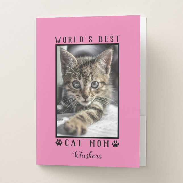 World's Best Cat Mom Paw Prints Pet Photo Pink Pocket Folder (Front)