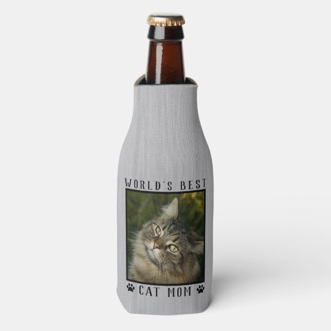 World's Best Cat Mom Paw Prints Pet Photo Rustic Bottle Cooler (Bottle Front)