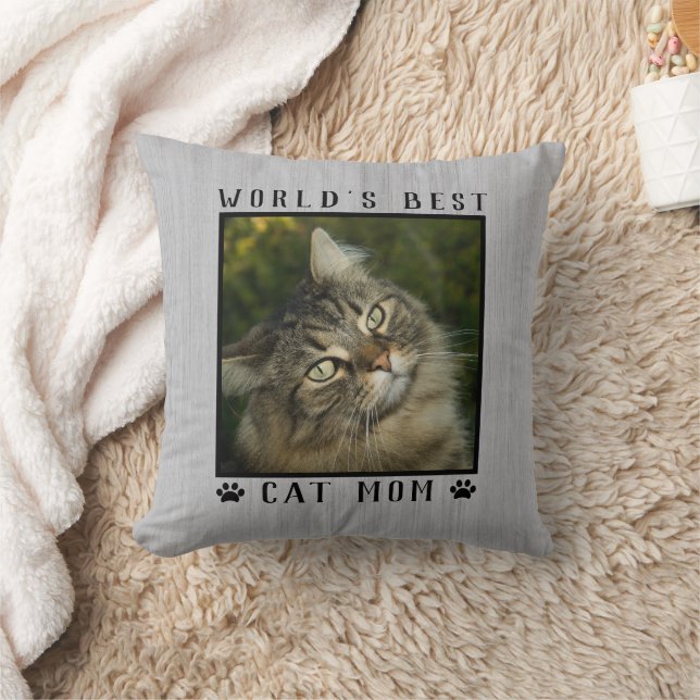World's Best Cat Mom Paw Prints Pet Photo Rustic Throw Pillow (Blanket)